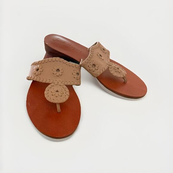 Jack Rogers Sandals Women’s Size 6 Leather Tan Camel Wedge Flip Flop EUC - Picture 1 of 12